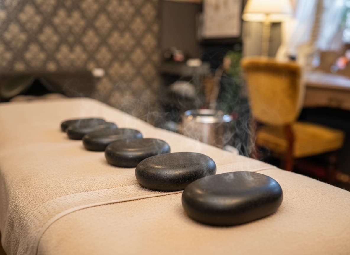 Svarta lavastenar i rad på massagebänken och en stenvärmare i rostfritt stål framför, behandlingsrummet bakom