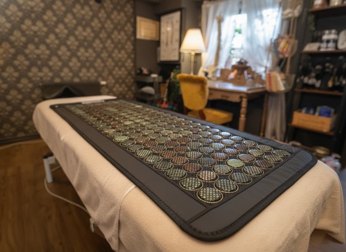 Inframadrassen utrullad på massagebänken, täckt av rader med stora ovala jade- och turmalinstenar i guldringar