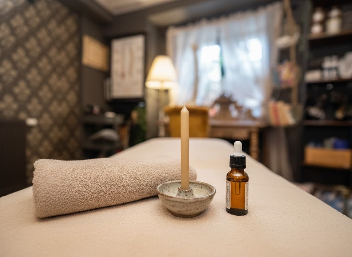 Öronljus i hållare och en flaska massageolja på hopvikta handdukar på massagebänken, tapeten och golvlampan bakom