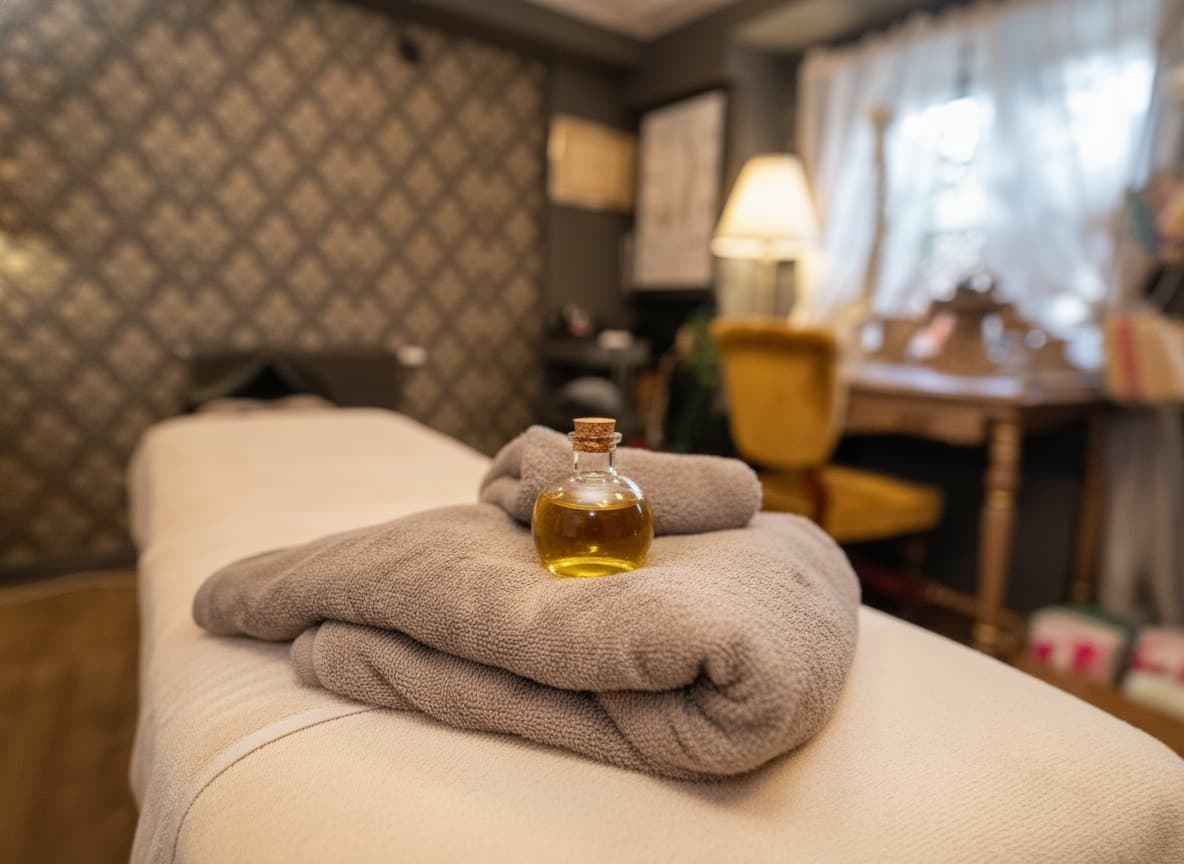 Massagebänken med beige överdrag, hopvikta handdukar och en liten flaska massageolja, golvlampan och tapeten bakom