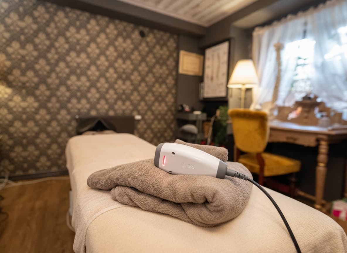 Handhållen laserapparat på en hopvikt handduk på massagebänken, med rött sken vid spetsen