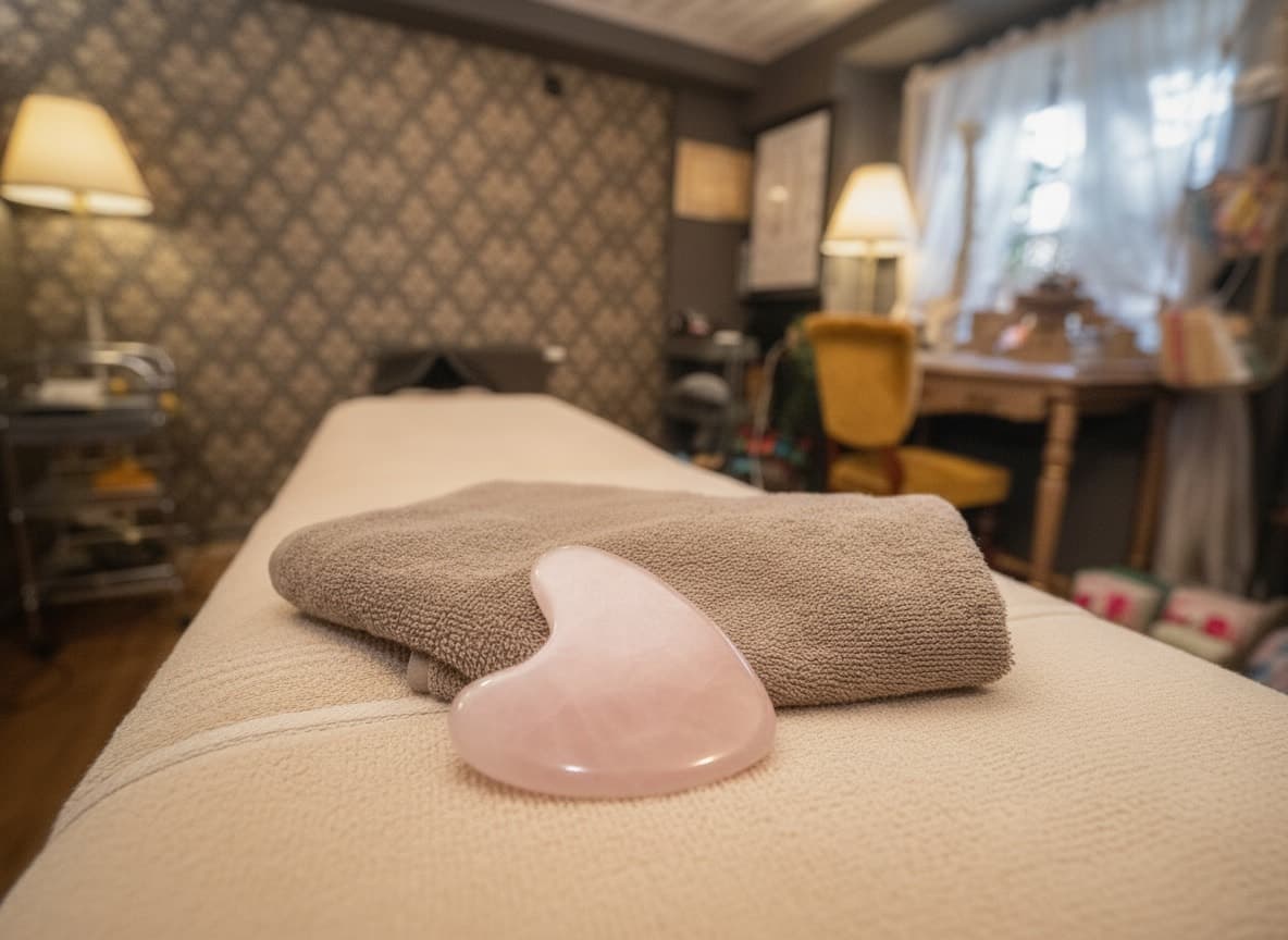 Gua sha-sten i rosenkvarts på hopvikta handdukar på massagebänken, med lampor och mönstrad tapet bakom