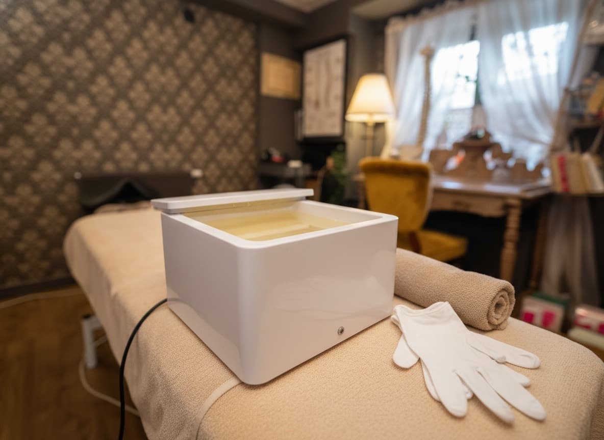 Paraffinbad med smält paraffin, vita bomullshandskar och hopvikta handdukar på massagebänken
